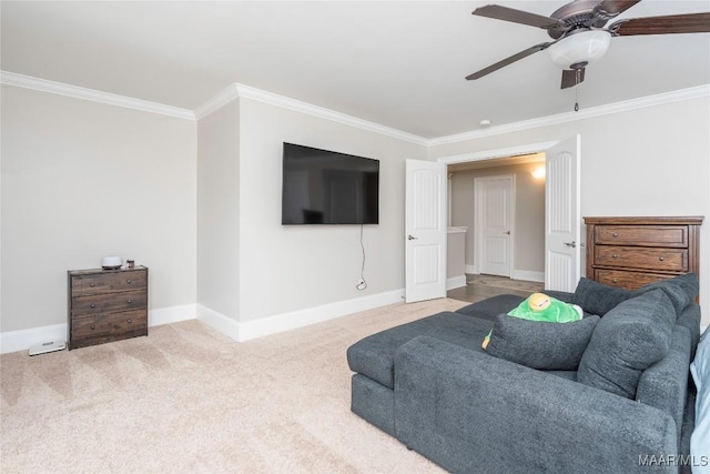 living room featuring carpet floors, crown molding, and ceiling fan