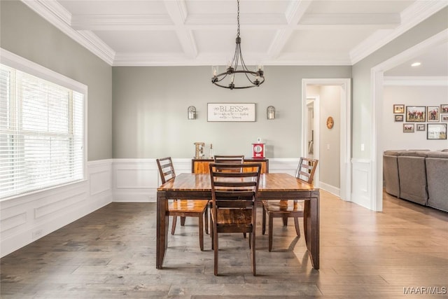 dining space featuring coffered ceiling, hardwood / wood-style floors, and a notable chandelier