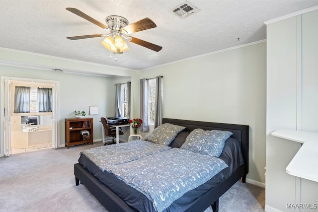 carpeted bedroom with ceiling fan, ornamental molding, and a textured ceiling