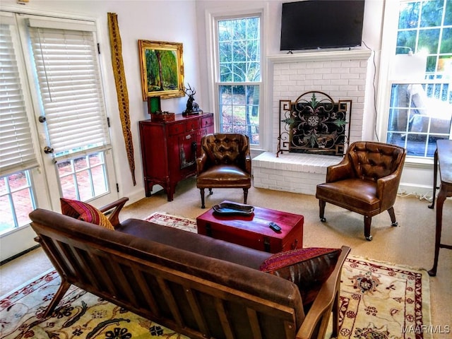 living room with a fireplace