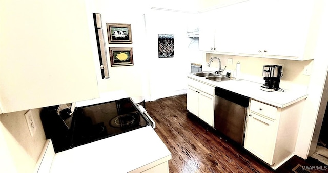 kitchen with stainless steel dishwasher, sink, dark hardwood / wood-style flooring, and white cabinets