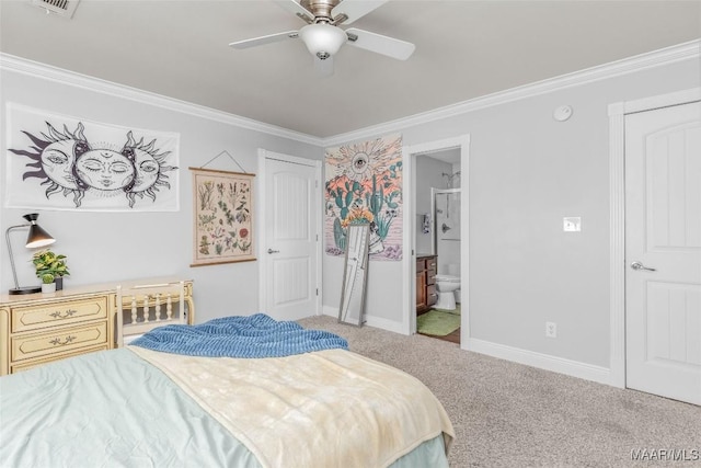 carpeted bedroom with ornamental molding, ceiling fan, and ensuite bath