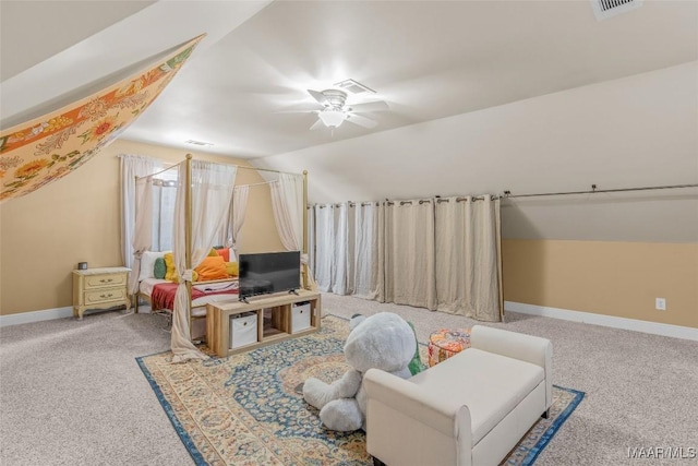 bonus room with carpet, vaulted ceiling, and ceiling fan