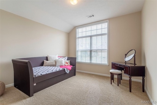 carpeted bedroom with vaulted ceiling