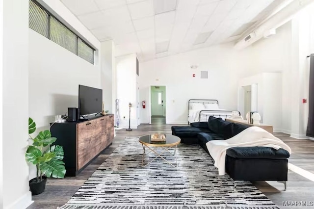 living room with hardwood / wood-style floors and high vaulted ceiling