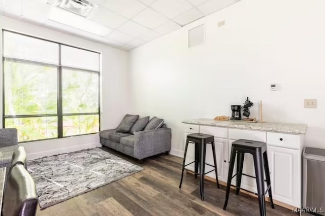 living room featuring a drop ceiling and dark hardwood / wood-style floors