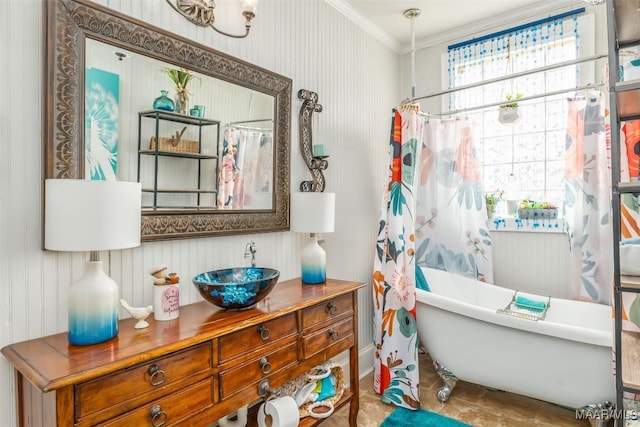 bathroom with vanity and ornamental molding