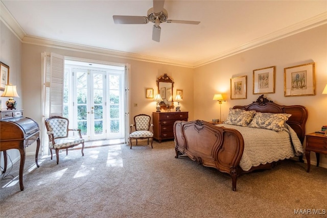 bedroom featuring crown molding, ceiling fan, french doors, and access to outside