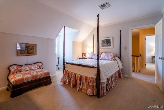 bedroom featuring ornamental molding, visible vents, baseboards, lofted ceiling, and light carpet