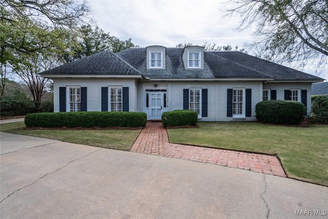 view of front of house featuring a shingled roof and a front yard