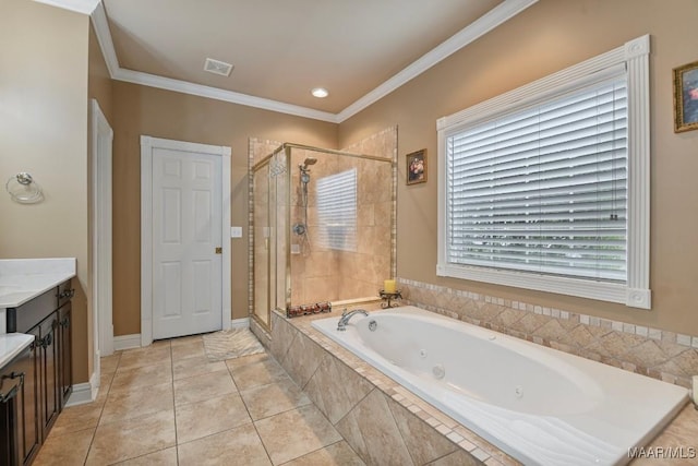 bathroom featuring a stall shower, a whirlpool tub, vanity, and crown molding