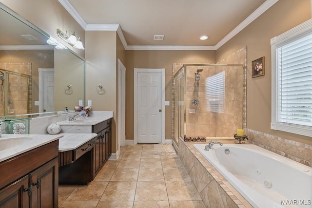 bathroom featuring a shower stall, a jetted tub, vanity, and crown molding
