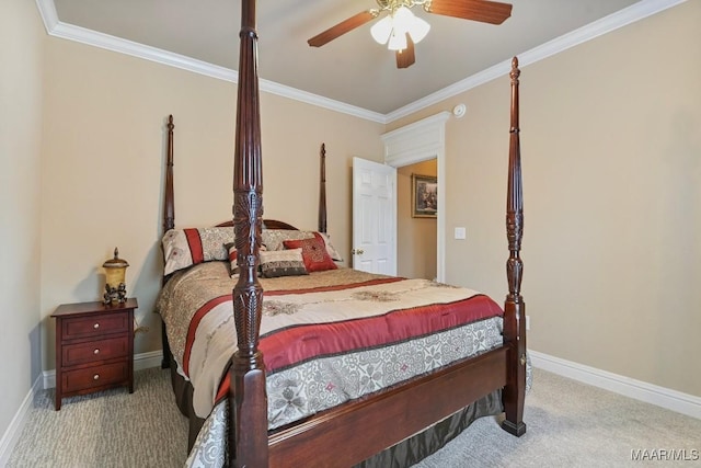 bedroom with carpet flooring, crown molding, baseboards, and a ceiling fan