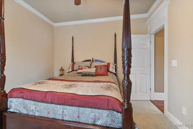 bedroom with crown molding, baseboards, and a ceiling fan