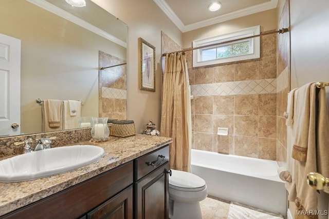 full bath with toilet, shower / bath combo, crown molding, and vanity