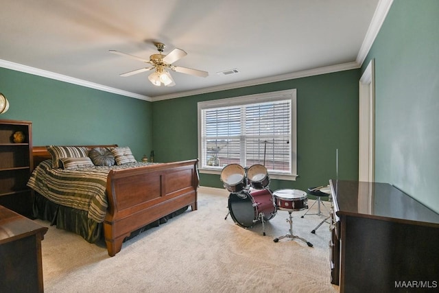 bedroom with ornamental molding, carpet flooring, a ceiling fan, and baseboards