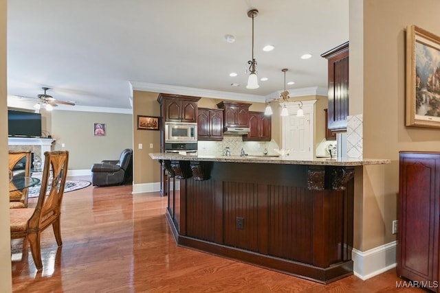 kitchen with appliances with stainless steel finishes, under cabinet range hood, a peninsula, ornamental molding, and decorative backsplash