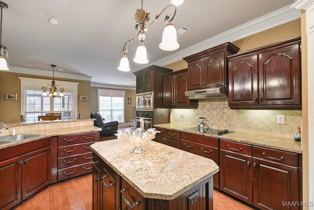 kitchen with under cabinet range hood, appliances with stainless steel finishes, a chandelier, light wood finished floors, and decorative light fixtures