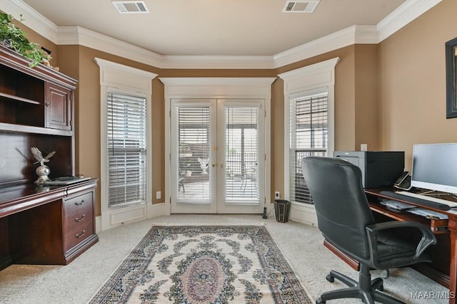office area with french doors, light colored carpet, and ornamental molding