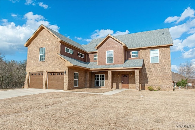 view of front facade featuring brick siding, an attached garage, concrete driveway, and a shingled roof