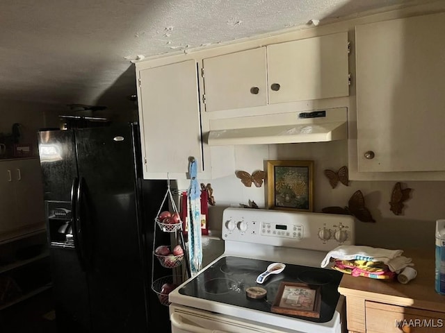 kitchen featuring white electric stove, light countertops, black refrigerator with ice dispenser, a textured ceiling, and under cabinet range hood