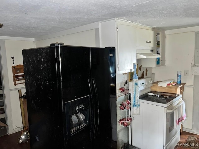 kitchen with white range with electric cooktop, black fridge with ice dispenser, white cabinets, a textured ceiling, and under cabinet range hood