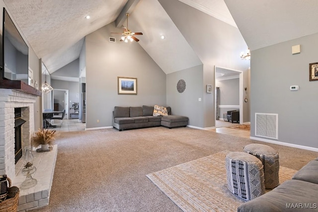 living area with visible vents, a brick fireplace, light carpet, high vaulted ceiling, and baseboards