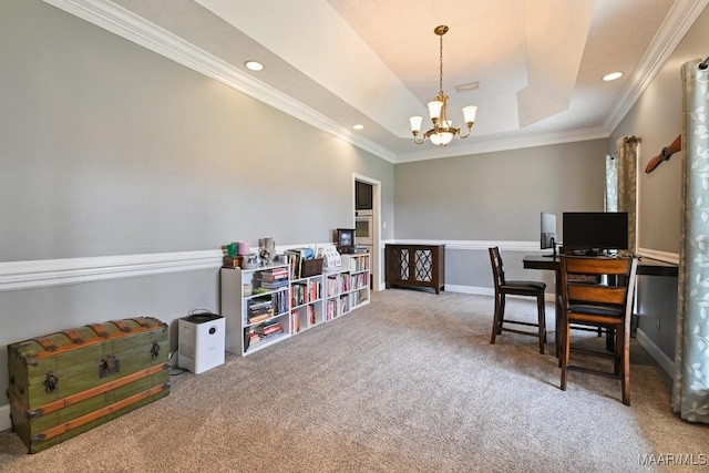 carpeted home office with ornamental molding, a tray ceiling, and recessed lighting