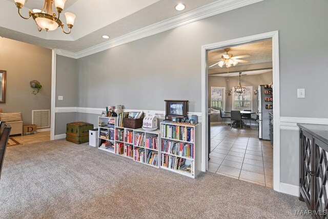 interior space with carpet floors, recessed lighting, visible vents, and crown molding