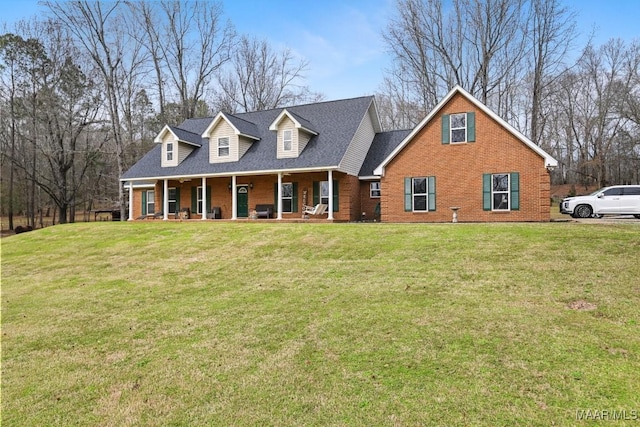 cape cod-style house featuring a shingled roof, a front yard, covered porch, and brick siding