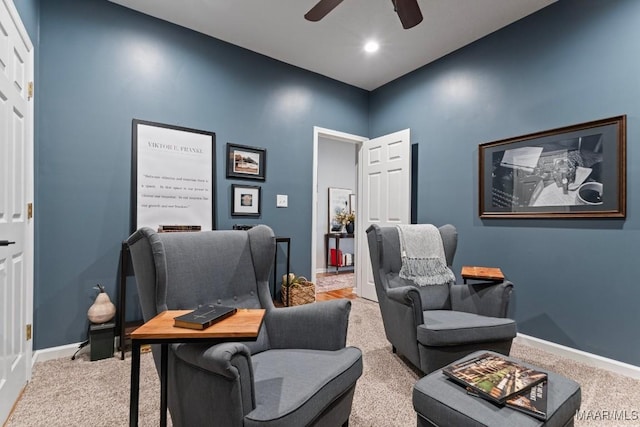 office space featuring a ceiling fan, recessed lighting, light colored carpet, and baseboards