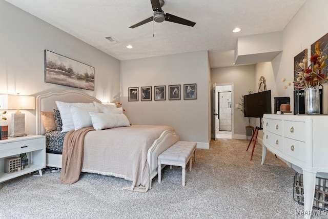 bedroom with carpet floors, recessed lighting, a ceiling fan, and baseboards