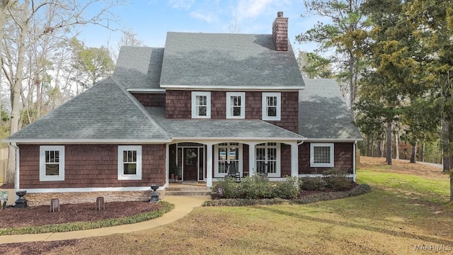 view of front of house with a chimney, covered porch, roof with shingles, and a front yard