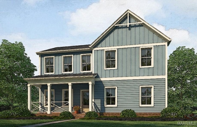 view of front of house featuring covered porch, board and batten siding, and a front yard