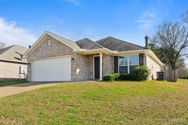 ranch-style home featuring concrete driveway, an attached garage, a front lawn, and central AC unit