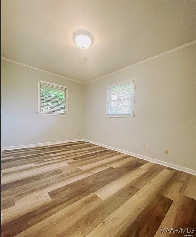 spare room with wood finished floors, a wealth of natural light, and crown molding