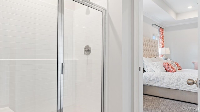 bathroom featuring a stall shower, ensuite bath, and recessed lighting