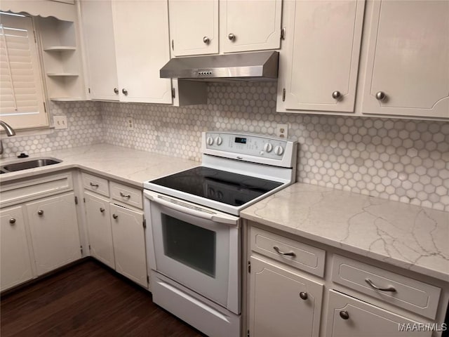 kitchen featuring under cabinet range hood, a sink, white cabinetry, electric stove, and open shelves