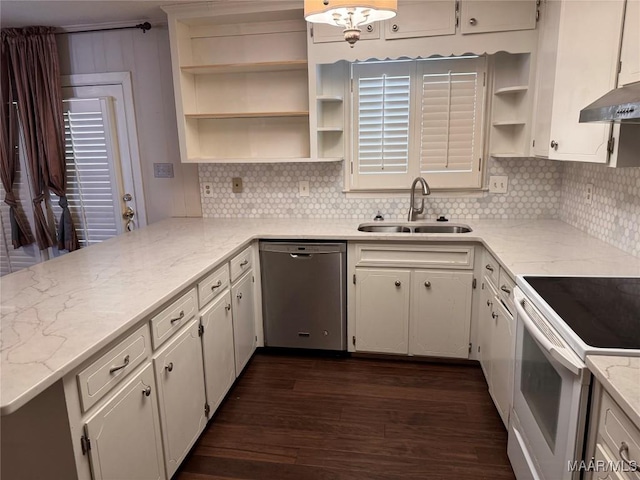 kitchen with a peninsula, a sink, white cabinetry, dishwasher, and open shelves