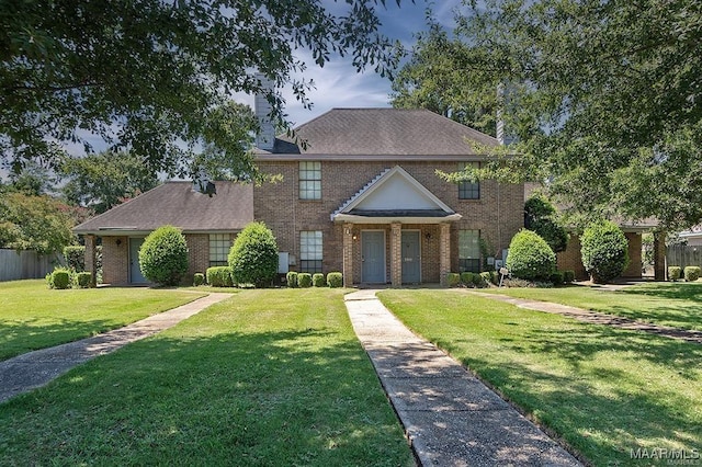 view of front of home featuring a shingled roof, a chimney, fence, a front lawn, and brick siding