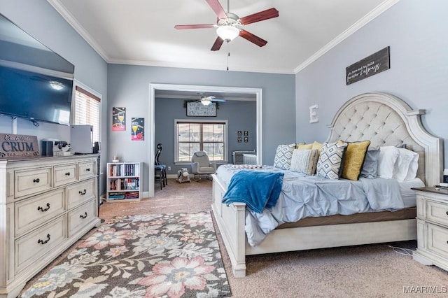 bedroom featuring ceiling fan, baseboards, light carpet, and ornamental molding