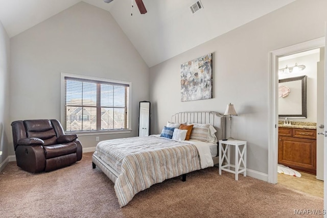 bedroom featuring visible vents, light colored carpet, and baseboards