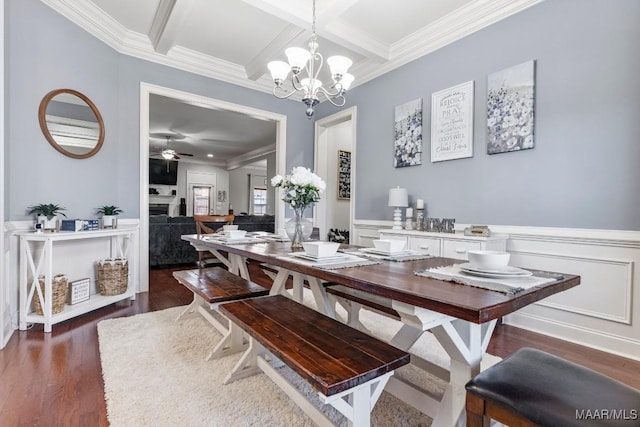 dining area with dark wood-style floors, beamed ceiling, wainscoting, and coffered ceiling