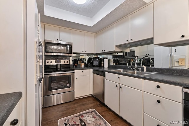 kitchen with a raised ceiling, dark countertops, appliances with stainless steel finishes, white cabinetry, and a sink