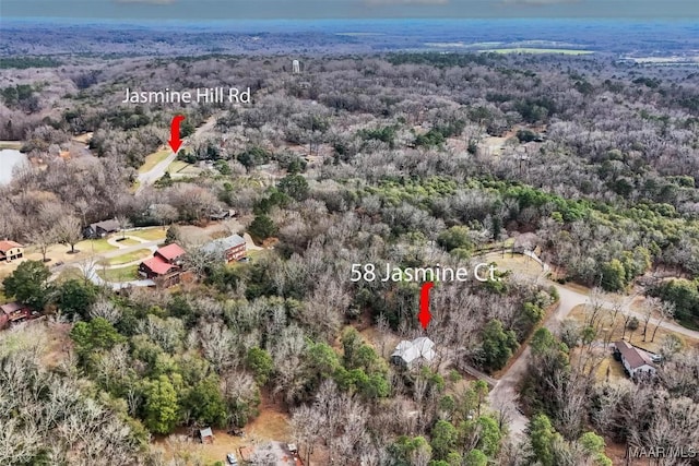 birds eye view of property featuring a wooded view