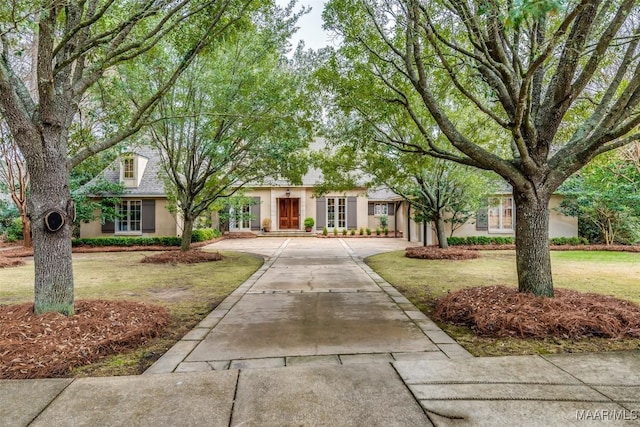 view of front of property featuring driveway, a front lawn, and stucco siding