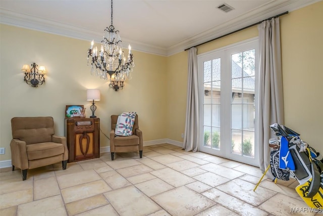 sitting room with stone tile flooring, visible vents, crown molding, and baseboards