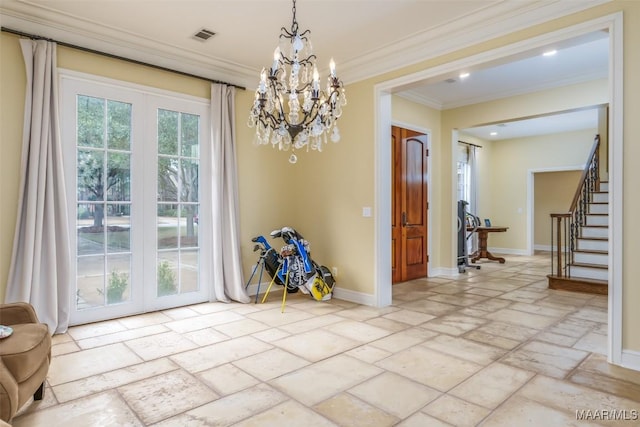 unfurnished dining area with stone tile floors, baseboards, visible vents, ornamental molding, and stairs