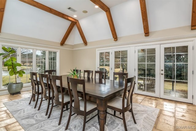 dining space featuring lofted ceiling with beams, recessed lighting, stone tile floors, visible vents, and french doors