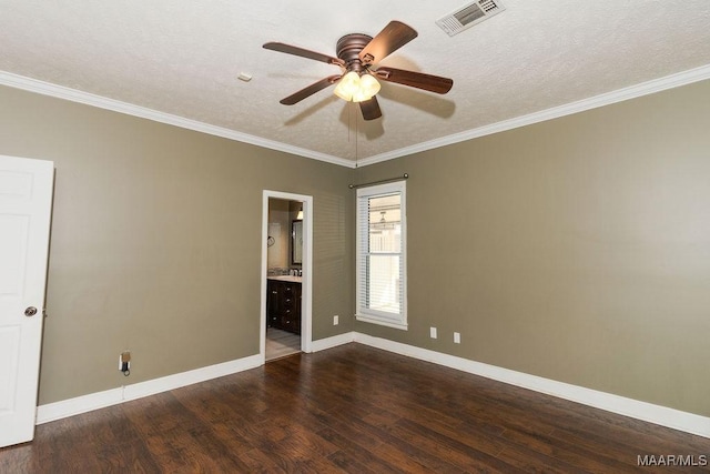 unfurnished bedroom featuring baseboards, visible vents, dark wood-type flooring, and ornamental molding